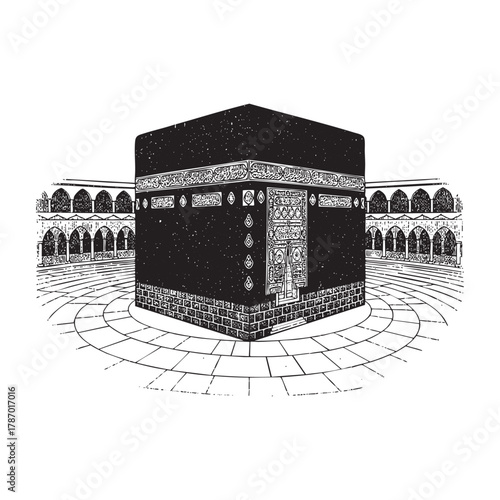 Kaaba Mecca Saudi Arabia Holy Site Engraving Vector Illustration