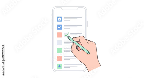 A hand holding a stylus, selecting an item on a smartphone screen with checkmark.