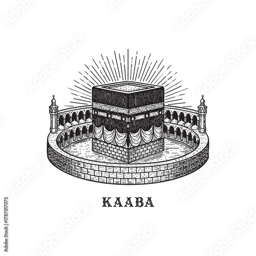 Kaaba Mecca Saudi Arabia Holy Site Engraving Vector Illustration