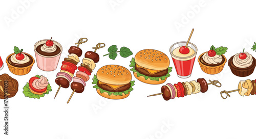 Festive hand-drawn border with a colorful array of sweet treats, savory burgers, and kebabs, perfect for a cheerful food-themed design.