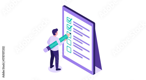A person is depicted completing a checklist on a large board with a pencil, marking items with checkmarks.