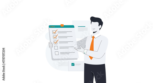 An illustrated businessman in a white shirt and orange tie presenting a digital checklist with completed tasks and survey items.