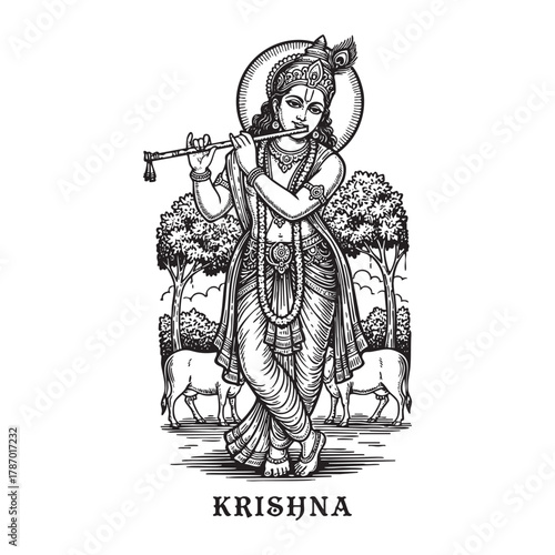Hindu God Krishna Playing Flute Engraving Vector Illustration