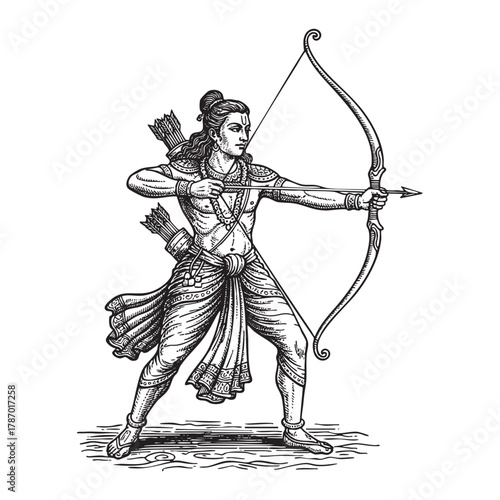 Hindu God Rama with Bow and Arrow Engraving Vector Illustration