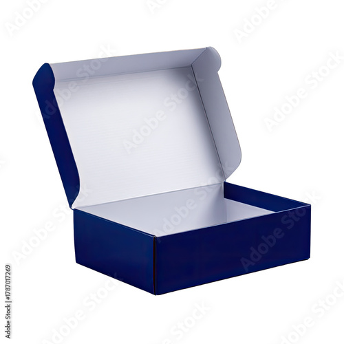 Open, empty, navy blue box with a white interior