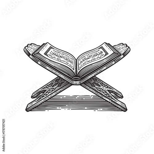 Open Quran Holy Book on Stand Engraving Vector Illustration
