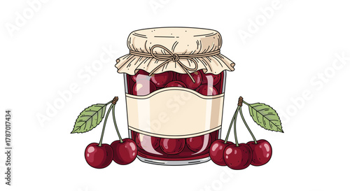 Hand-drawn illustration of a glass jar filled with homemade cherry preserve, topped with a fabric lid and blank label, surrounded by fresh red cherries, green leaves.
