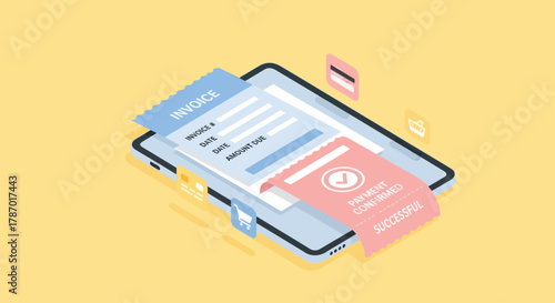 Digital invoice displayed on a tablet screen, showing successful payment confirmation, with a credit card.