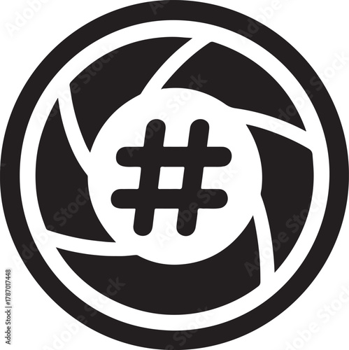 Camera lens with hashtag symbol vector, social media photo sharing and online post icon set
