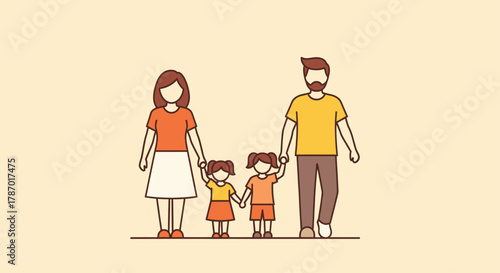 A stylized illustration of a family of four holding hands, walking together.