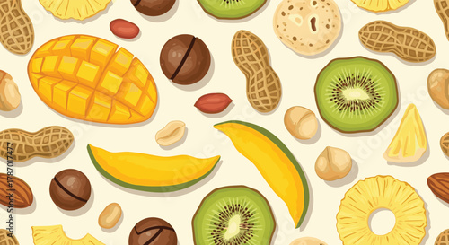 A bright and appetizing seamless pattern featuring a diverse selection of healthy tropical fruits such as mango and kiwi, mixed with various nuts.