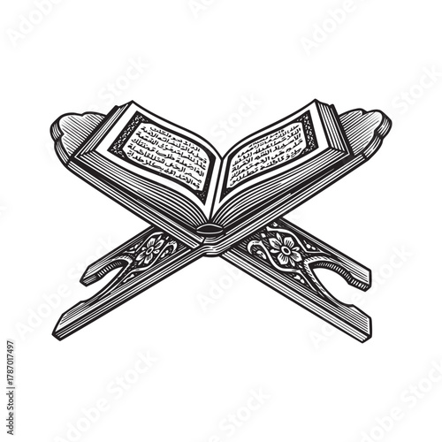 Open Quran Holy Book on Stand Engraving Vector Illustration