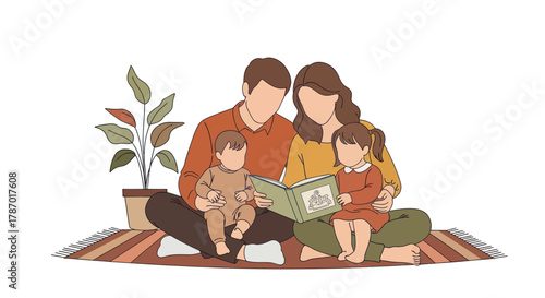 A happy family of four, including parents and two young children, sits on a rug reading a storybook together.