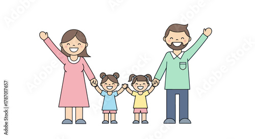 A happy family of four, including mother, father, and two young daughters, standing together and holding hands with arms raised in celebration.