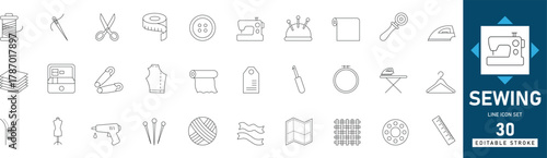 Line and editable sewing icon set featuring needle, thread, scissors, button, and fabric. Perfect for tailoring, craft, and fashion design vector illustration.