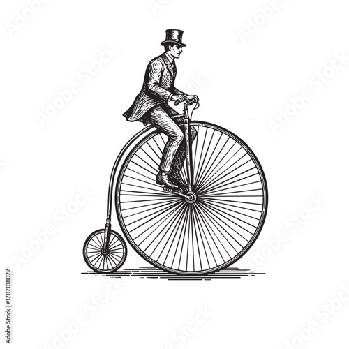 Vintage Penny Farthing High Wheel Bicycle Engraving Vector Illustration