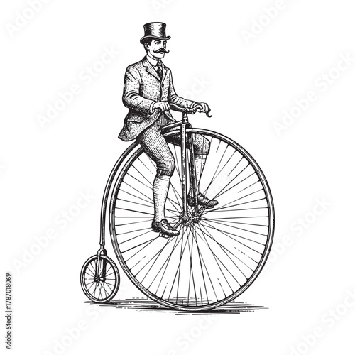 Vintage Penny Farthing High Wheel Bicycle Engraving Vector Illustration