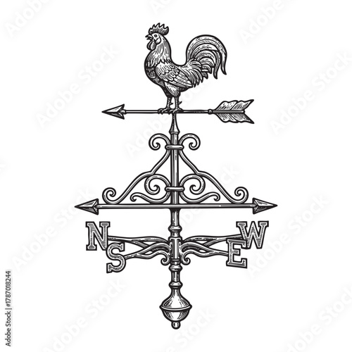 Antique Rooster Weathervane Compass Engraving Vector Illustration