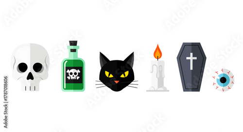 Halloween Icons Skull, Poison, Black Cat, Candle, Coffin, and Eyeball for Spooky Design