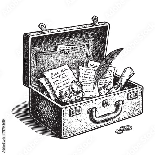 Vintage Explorer Briefcase Maps Scrolls Engraving Vector Illustration