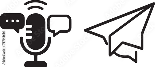 Microphone with signal waves and comment bubbles vector, social media podcast and live stream icon set