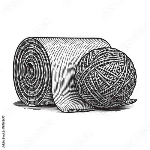 Fabric Roll and Yarn Ball Craft Engraving Vector Illustration