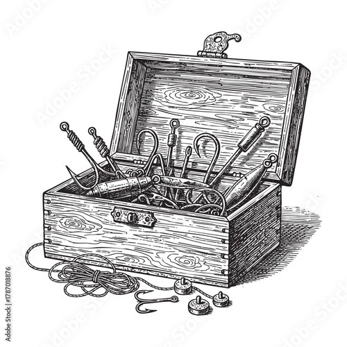 Fishing Lure Tackle Box Hooks Engraving Vector Illustration
