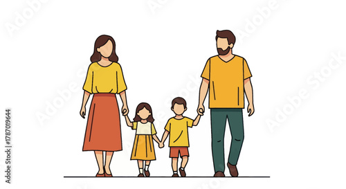 An illustration of a happy family of four, parents and two children, holding hands and walking together.
