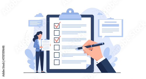 A person checking a list on a clipboard while another person writes on it with a pen.