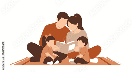 Family of four sitting on a rug, reading a book together in a cozy and loving atmosphere.