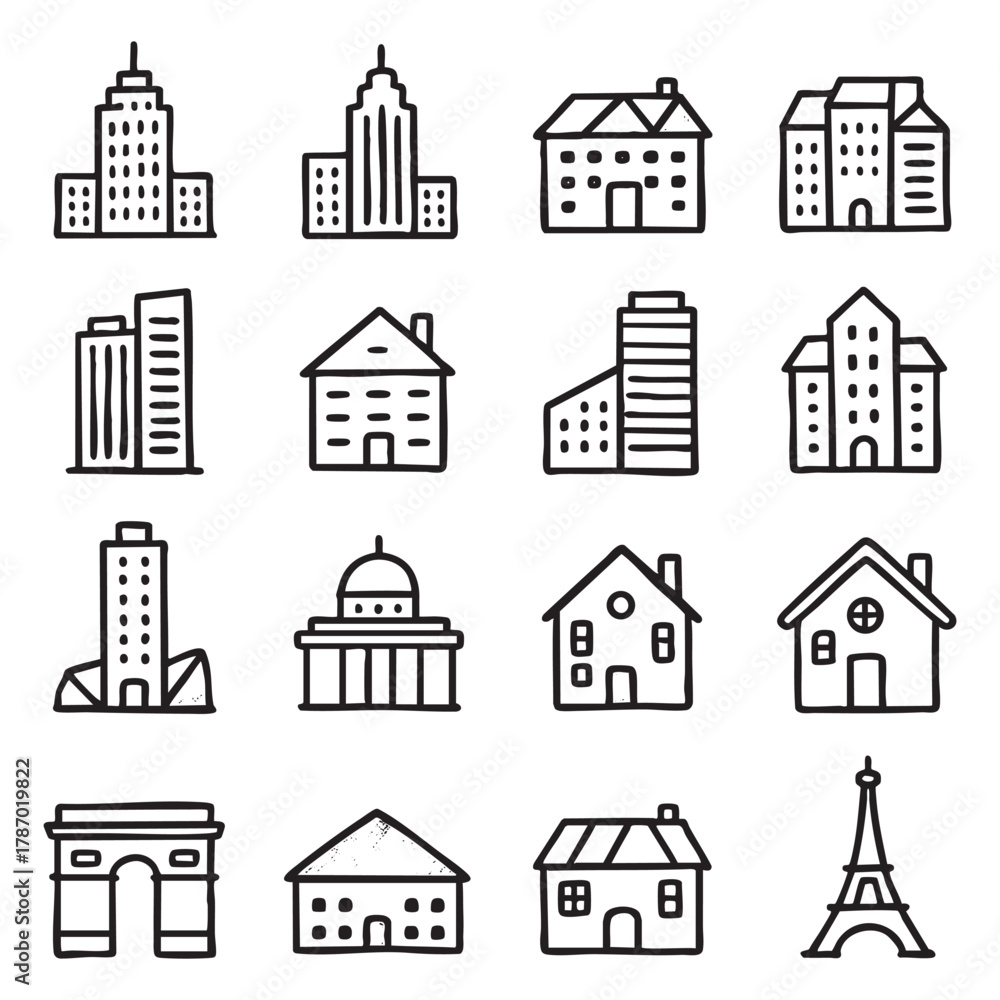 Fototapeta premium Hand Drawn City Architecture and Landmark Building Icons