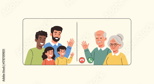A diverse family waves to their grandparents during a video call, showing connection and communication across generations.