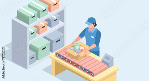 A warehouse worker in a blue uniform packs various items into a shipping box on a conveyor belt.