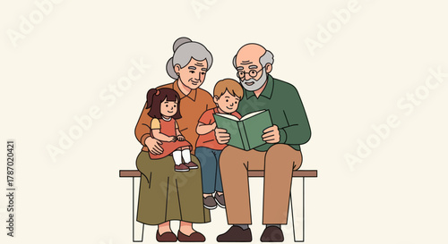 Grandparents sitting on a bench reading a book to their grandchildren, a boy and a girl, in a warm and loving family moment.
