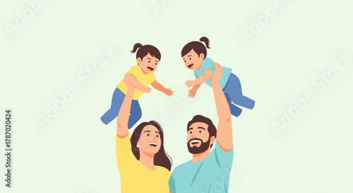 A joyful family of four, parents lifting their two young daughters into the air, creating a heartwarming scene of love and happiness.