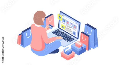 A person sitting cross-legged using a laptop for online shopping, surrounded by numerous shopping bags and gift boxes.