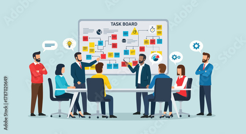 A diverse group of professionals collaborating around a table, discussing a task board with colorful flowcharts and icons during a business meeting.