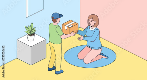 A delivery man in a uniform hands a cardboard package to a woman kneeling on a rug inside her home.