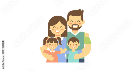 A cheerful, stylized illustration depicts a happy family of four, with parents embracing their two smiling children, conveying warmth and togetherness.