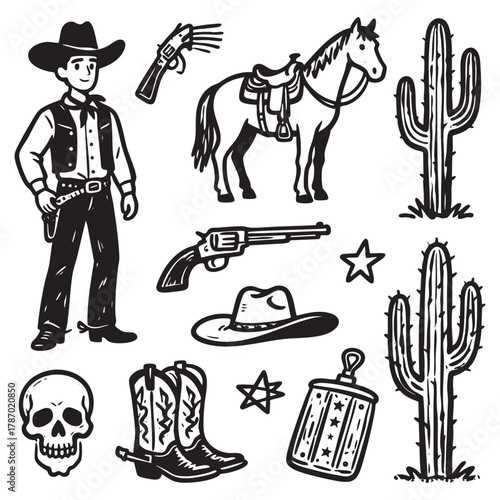 Hand Drawn Wild West Cowboy and Rodeo Doodle Set