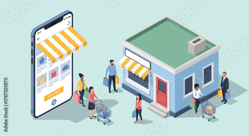 Isometric illustration depicting online shopping and a physical store, with people interacting with both, showcasing e-commerce and retail.