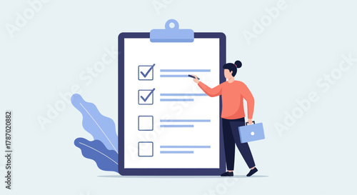 A person with a briefcase is completing a checklist, marking tasks with a pen.