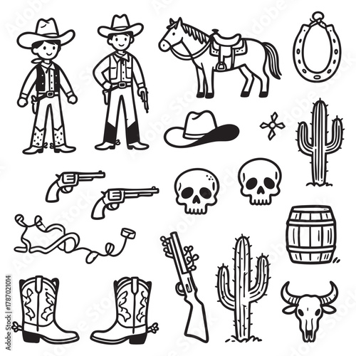 Hand Drawn Wild West Cowboy and Rodeo Doodle Set