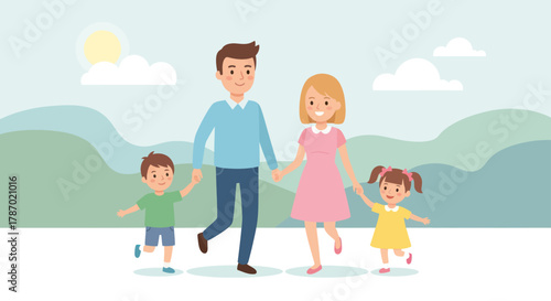 A happy cartoon family of four, including a mother, father, son, and daughter, walking together in a sunny outdoor landscape with mountains and clouds.
