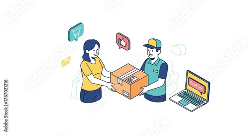 A delivery man hands a package to a woman, with social media icons and a laptop nearby, illustrating online shopping and delivery service.
