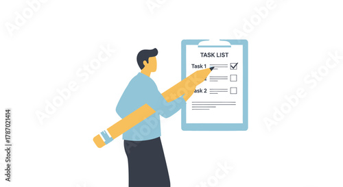Illustration of a person holding an oversized pencil, marking completed tasks on a checklist attached to a clipboard.