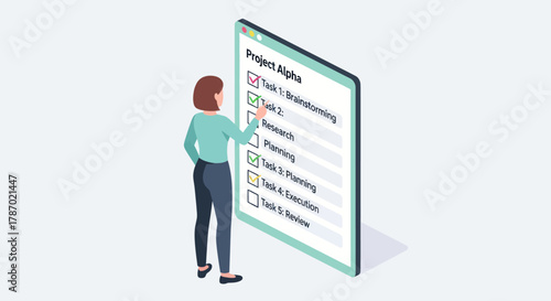 A businesswoman checks off a completed task on a large digital project management checklist.