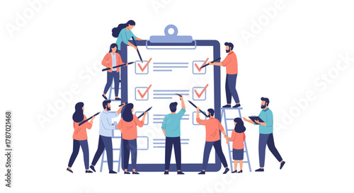 A diverse group of people collaborating to complete a large checklist, marking items with ticks, symbolizing teamwork and task management.