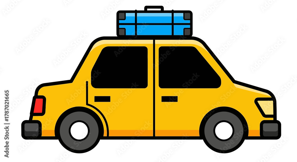 Naklejka premium Cute yellow cartoon car ready for vacation with blue suitcase vector