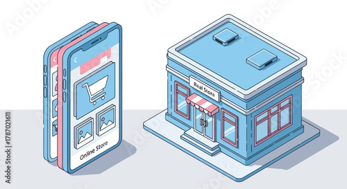 Isometric illustration comparing online shopping on a smartphone with a physical retail store.
